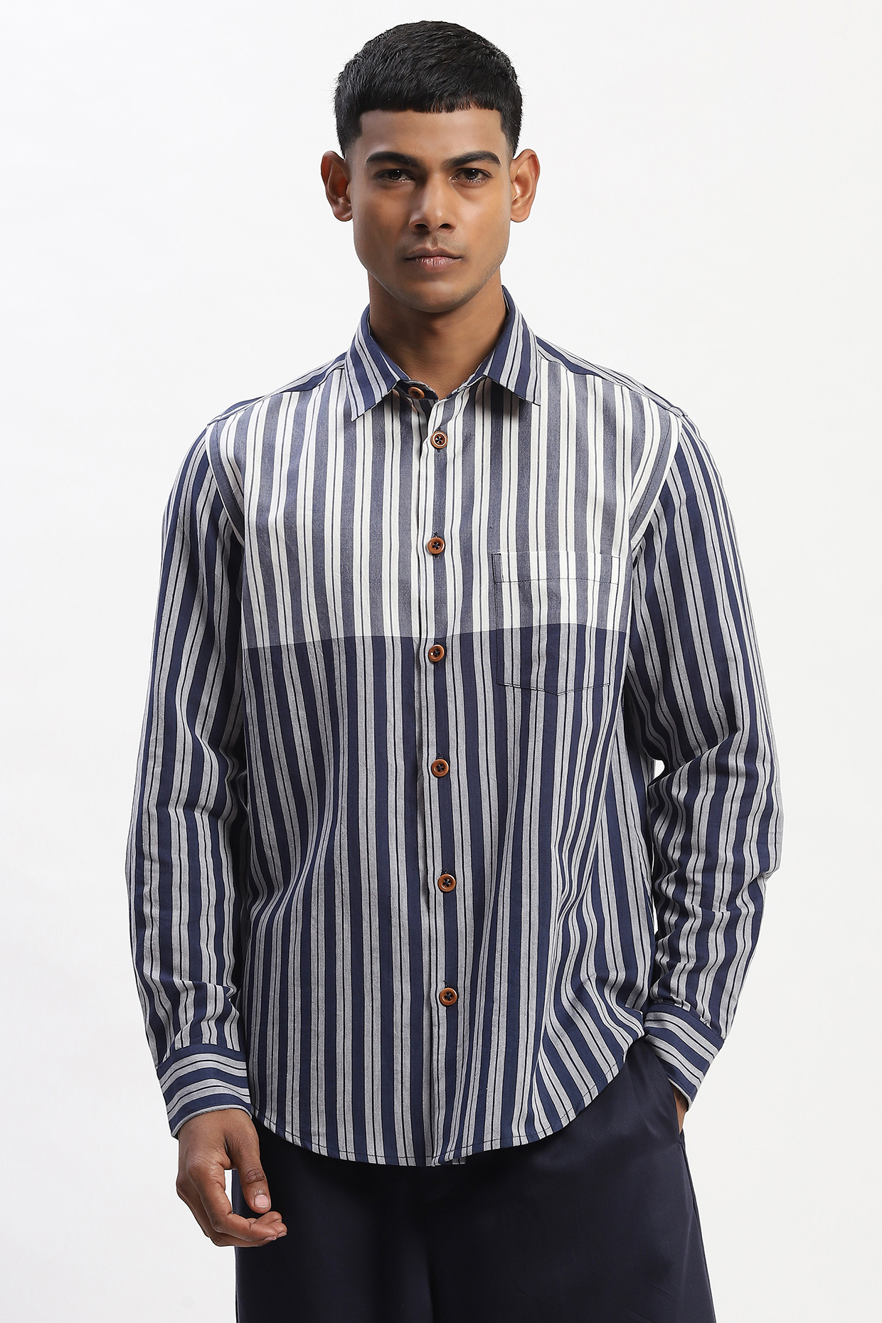 Navy Dual Tone Cotton Blend Shirt by Abraham & Thakore Men