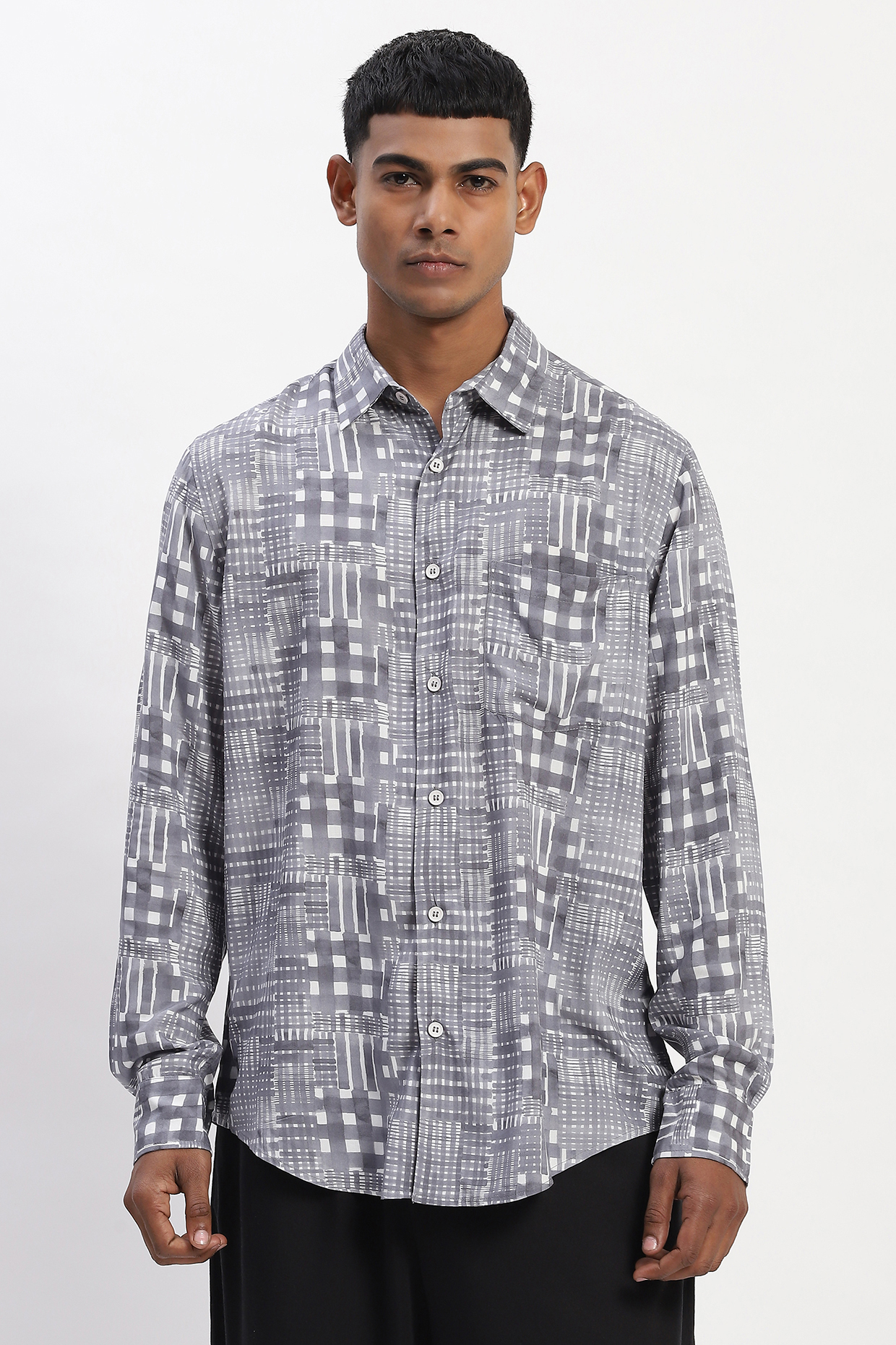 Grey Viscose Checkered Handpainted Shirt by Abraham & Thakore Men