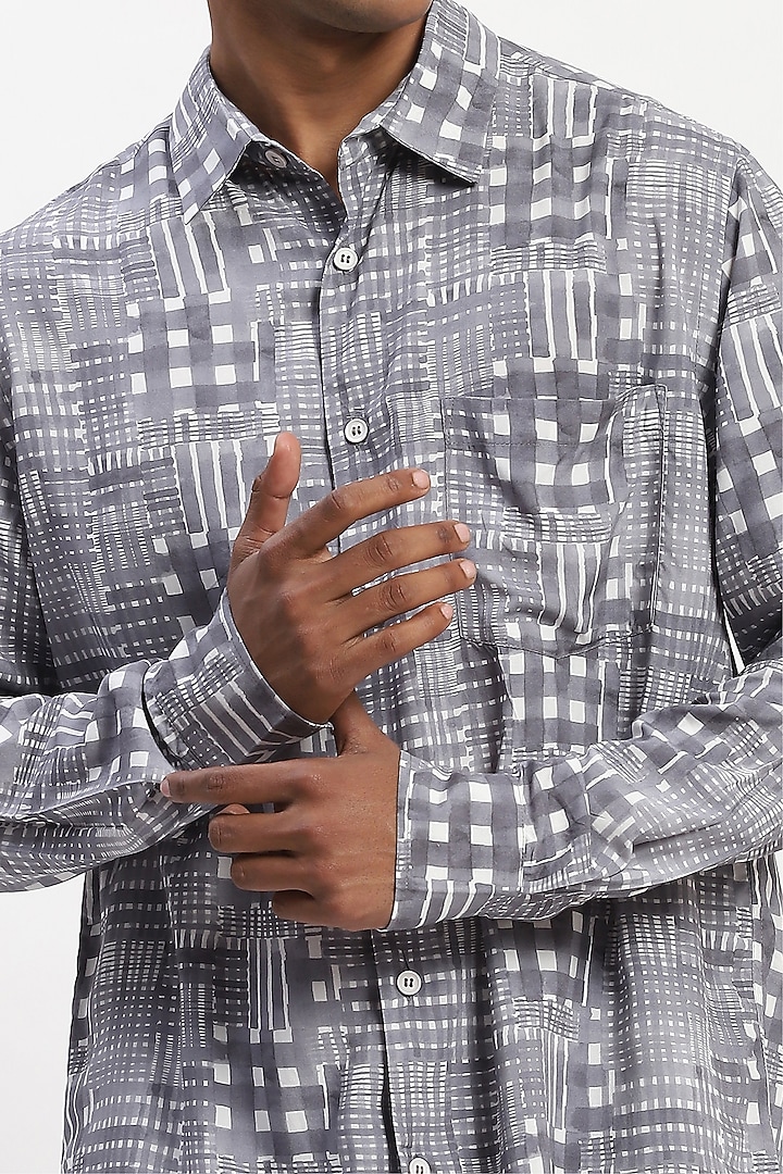 Grey Viscose Checkered Handpainted Party Wear Shirt by Abraham & Thakore Men at Pernia's Pop Up Shop