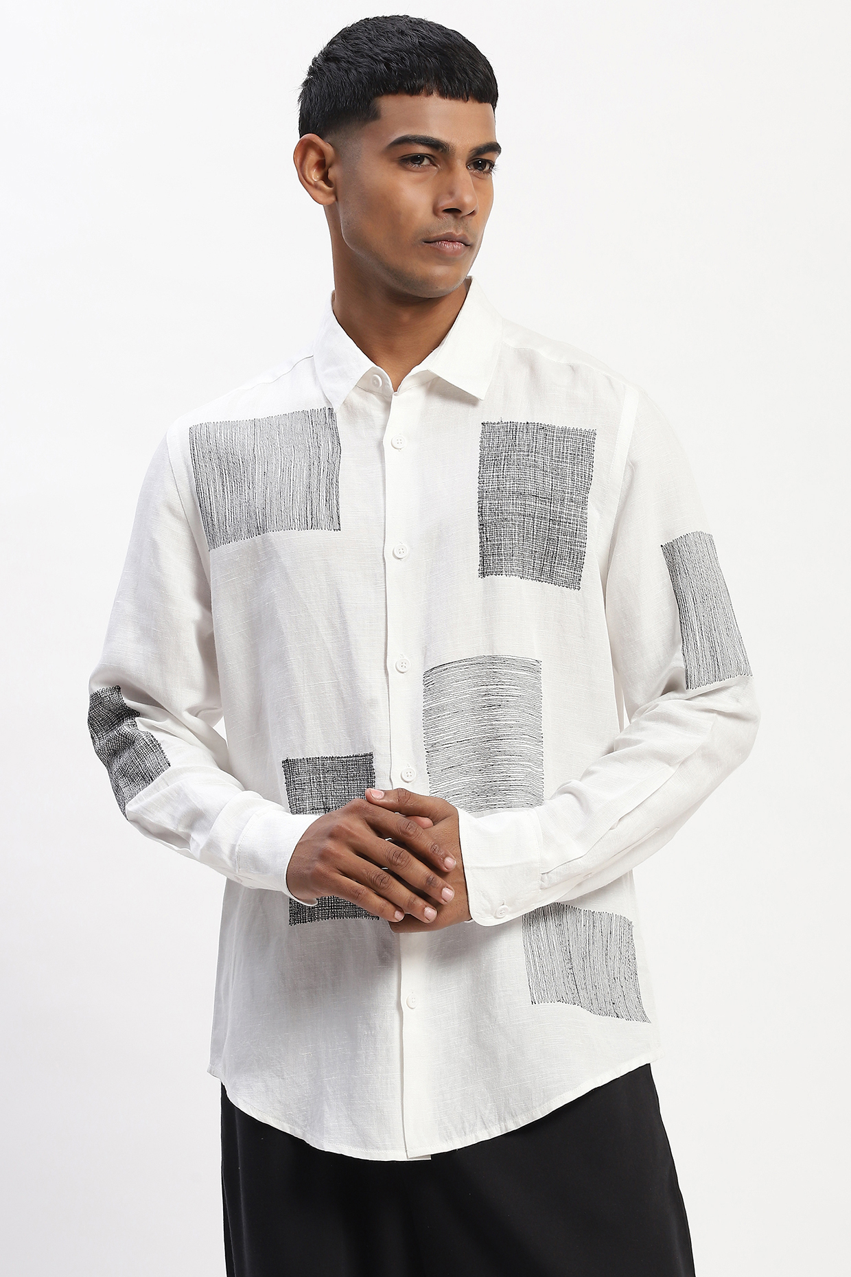 White Viscose Linen Scattered Block Embroidered Silk Yarn Shirt by Abraham & Thakore Men