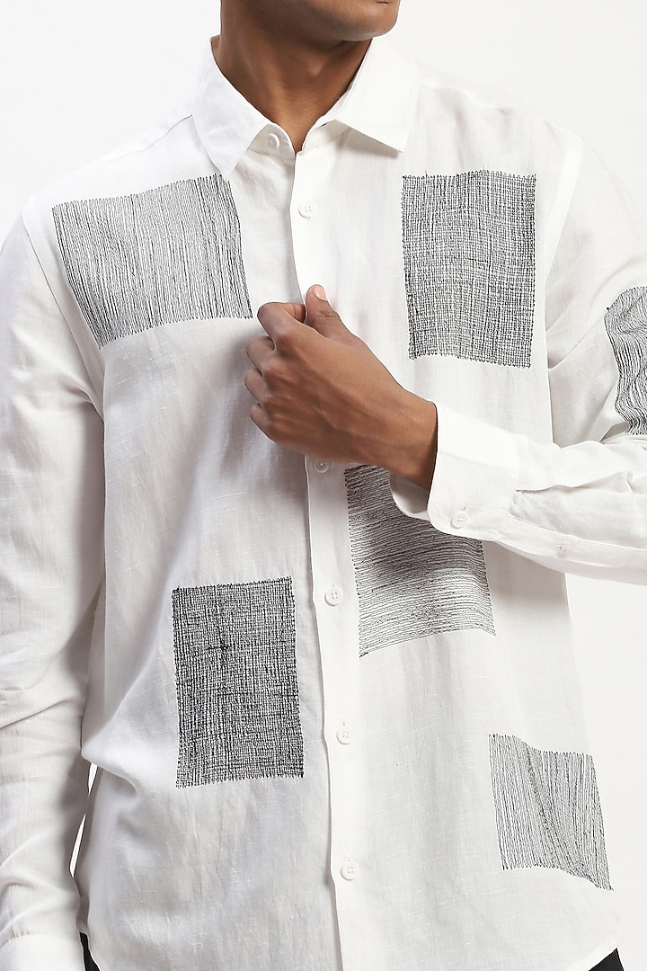 White Viscose Linen Scattered Block Embroidered Silk Yarn Party Wear Shirt by Abraham & Thakore Men at Pernia's Pop Up Shop