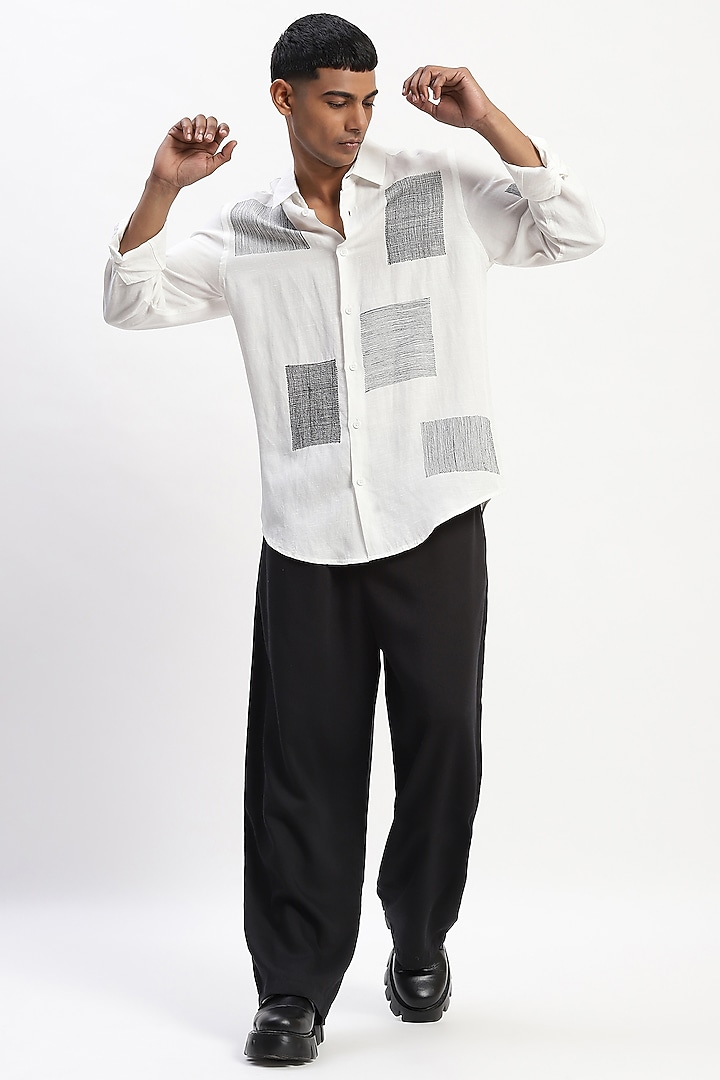 White Viscose Linen Scattered Block Embroidered Silk Yarn Party Wear Shirt by Abraham & Thakore Men at Pernia's Pop Up Shop