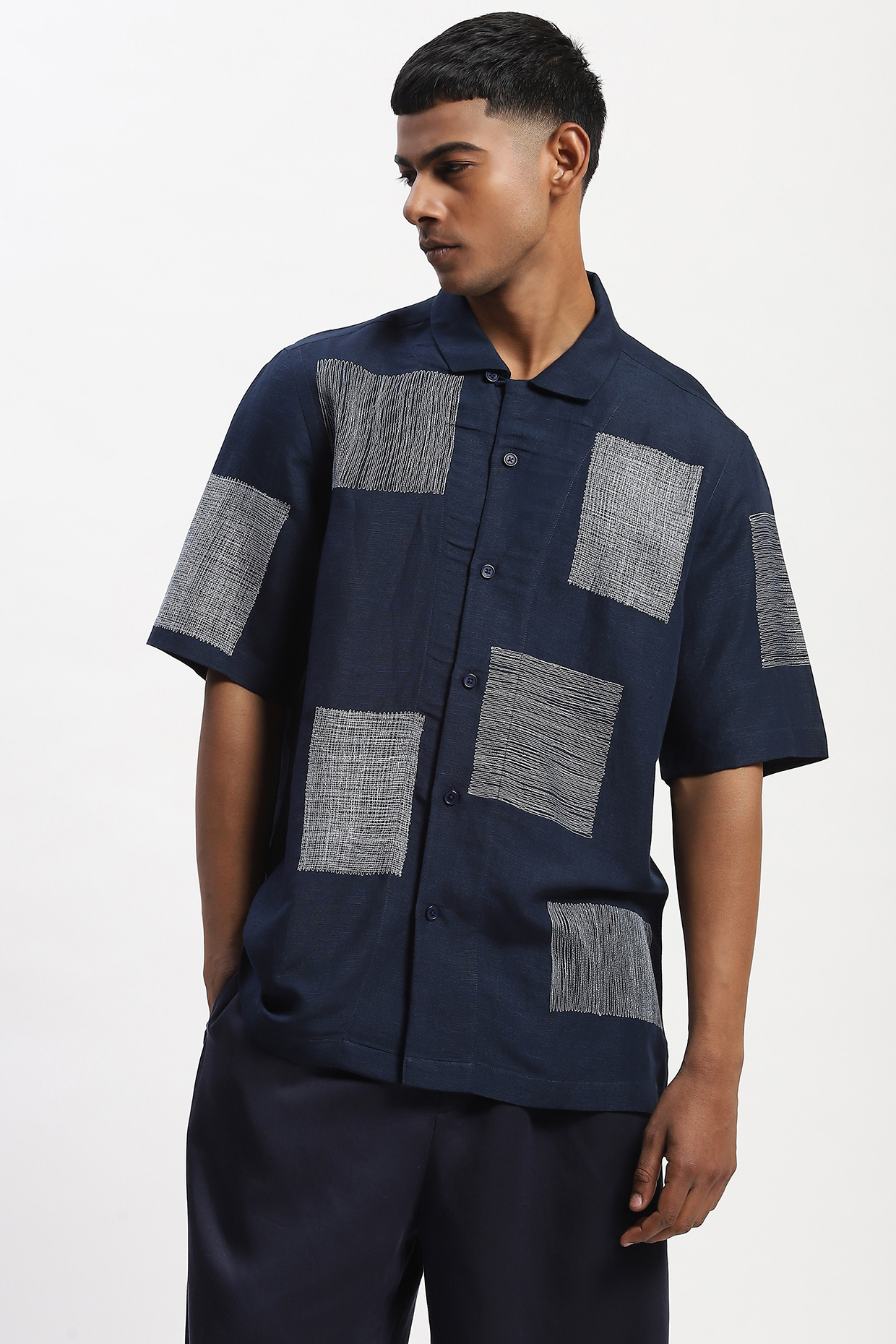 Navy Viscose Linen Scattered Block Embroidered Silk Yarn Shirt by Abraham & Thakore Men