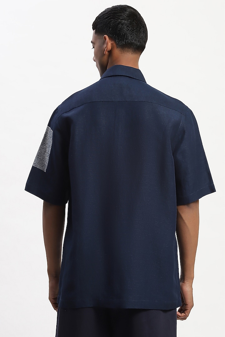 Navy Viscose Linen Scattered Block Embroidered Silk Yarn Party Wear Shirt by Abraham & Thakore Men at Pernia's Pop Up Shop