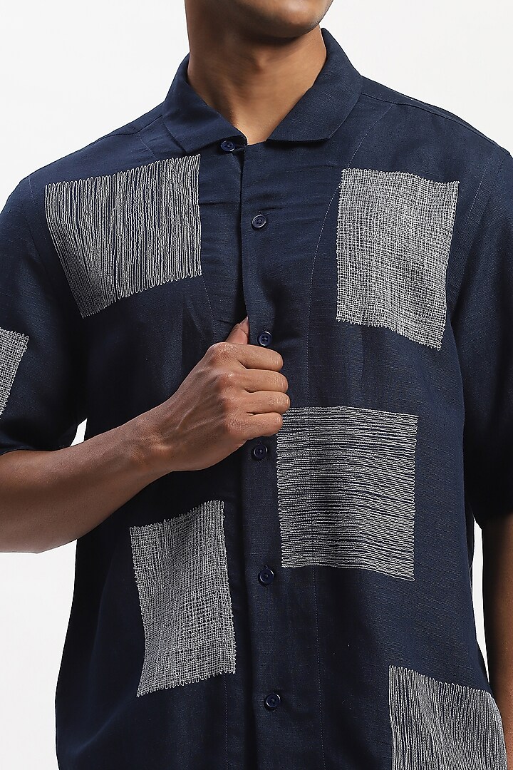 Navy Viscose Linen Scattered Block Embroidered Silk Yarn Party Wear Shirt by Abraham & Thakore Men at Pernia's Pop Up Shop