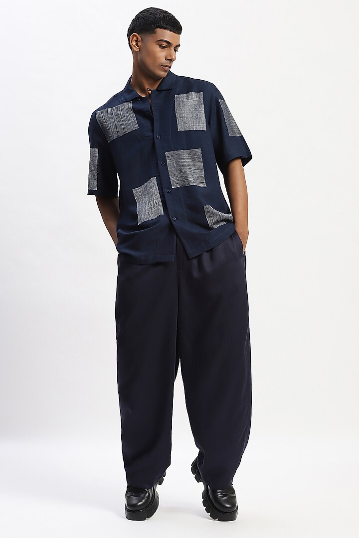 Navy Viscose Linen Scattered Block Embroidered Silk Yarn Party Wear Shirt by Abraham & Thakore Men at Pernia's Pop Up Shop