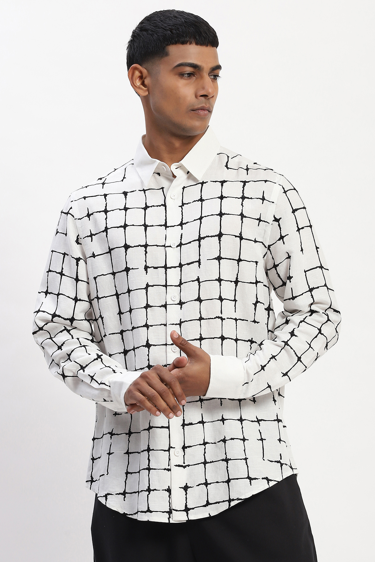 White Viscose Linen Grid Pattern Silk Yarn Shirt by Abraham & Thakore Men