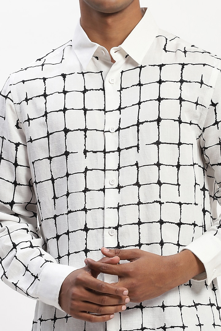White Viscose Linen Grid Pattern Silk Yarn Party Wear Shirt by Abraham & Thakore Men at Pernia's Pop Up Shop