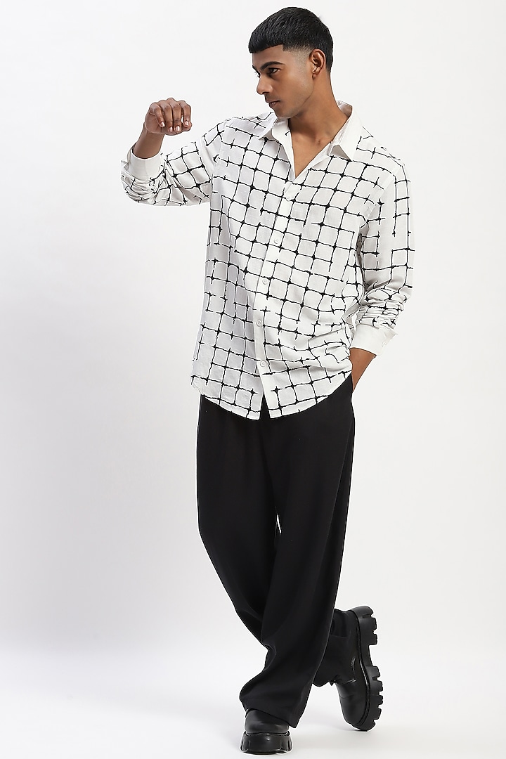 White Viscose Linen Grid Pattern Silk Yarn Party Wear Shirt by Abraham & Thakore Men at Pernia's Pop Up Shop