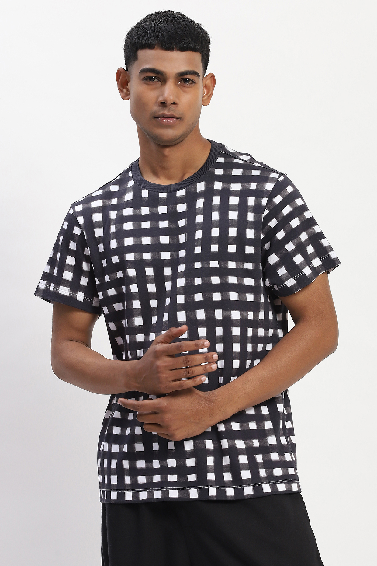 Black Cotton Checkered Digital Printed T-Shirt by Abraham & Thakore Men