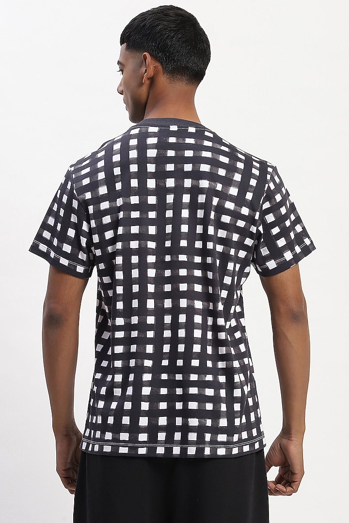 Black Cotton Checkered Digital Printed T-Shirt by Abraham & Thakore Men at Pernia's Pop Up Shop