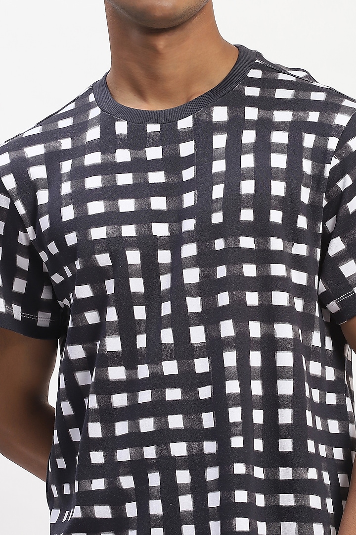 Black Cotton Checkered Digital Printed T-Shirt by Abraham & Thakore Men at Pernia's Pop Up Shop