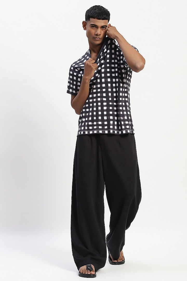 Black Cotton Checkered Digital Printed T-Shirt by Abraham & Thakore Men at Pernia's Pop Up Shop