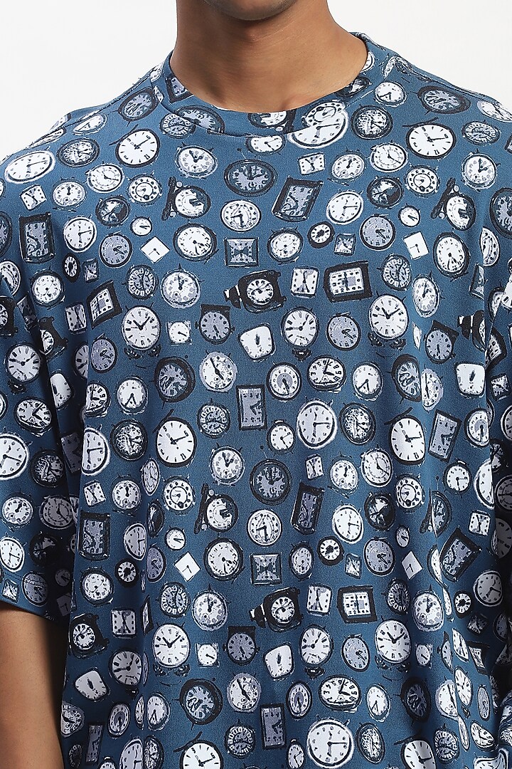 Blue Cotton Whimsical Digital Printed T-Shirt by Abraham & Thakore Men at Pernia's Pop Up Shop