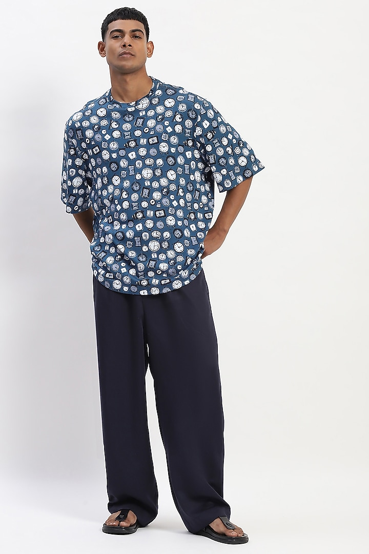 Blue Cotton Whimsical Digital Printed T-Shirt by Abraham & Thakore Men at Pernia's Pop Up Shop