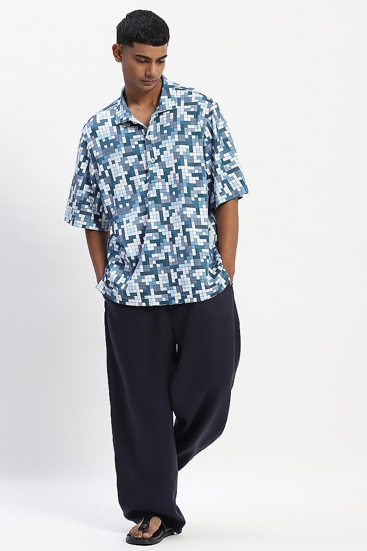 Blue Cotton Whimsical Digital Printed T-Shirt by Abraham & Thakore Men at Pernia's Pop Up Shop