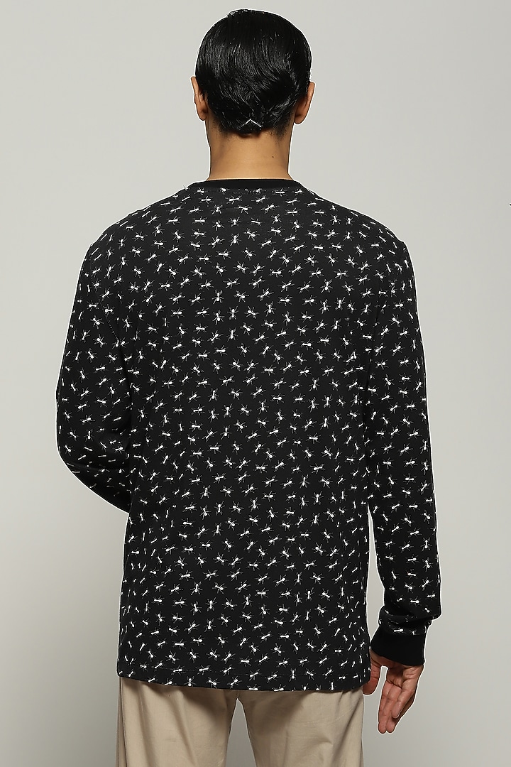 Black Rib Knit Cotton Printed T-Shirt by Abraham & Thakore Men at Pernia's Pop Up Shop