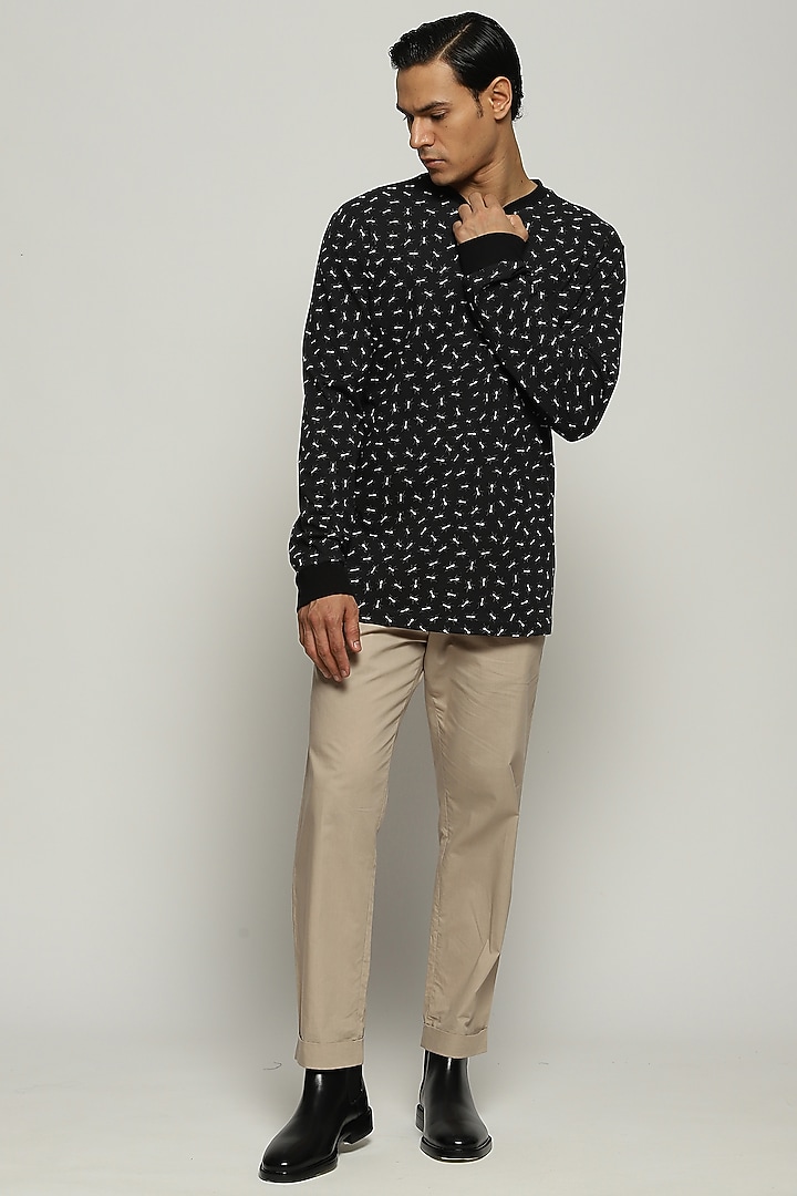 Black Rib Knit Cotton Printed T-Shirt by Abraham & Thakore Men at Pernia's Pop Up Shop
