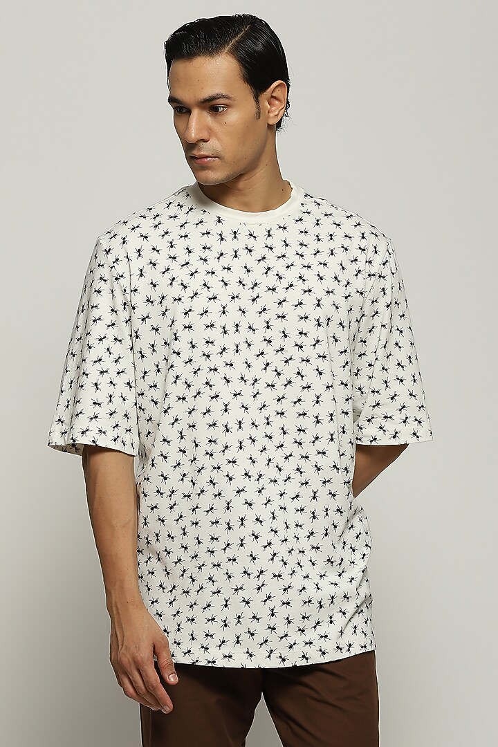 Ivory Rib Knit Cotton Printed T-Shirt by Abraham & Thakore Men at Pernia's Pop Up Shop