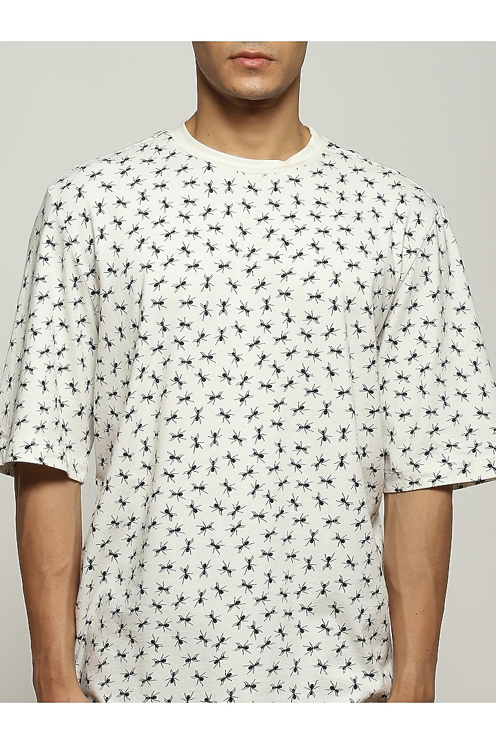 Ivory Rib Knit Cotton Printed T-Shirt by Abraham & Thakore Men at Pernia's Pop Up Shop