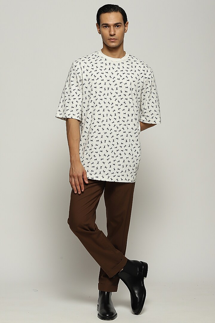 Ivory Rib Knit Cotton Printed T-Shirt by Abraham & Thakore Men at Pernia's Pop Up Shop