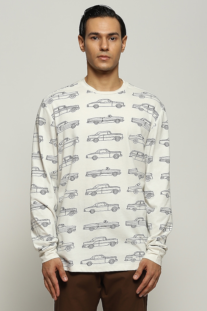 Ivory Rib Knit Cotton Printed T-Shirt by Abraham & Thakore Men at Pernia's Pop Up Shop