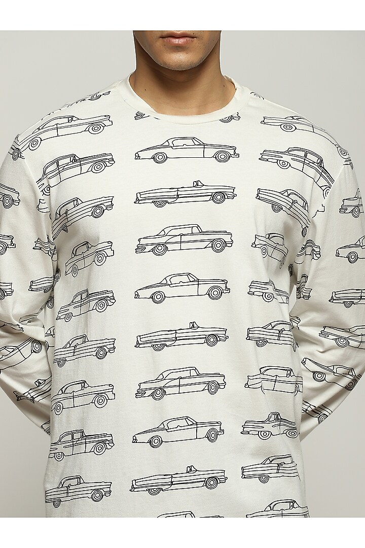 Ivory Rib Knit Cotton Printed T-Shirt by Abraham & Thakore Men at Pernia's Pop Up Shop
