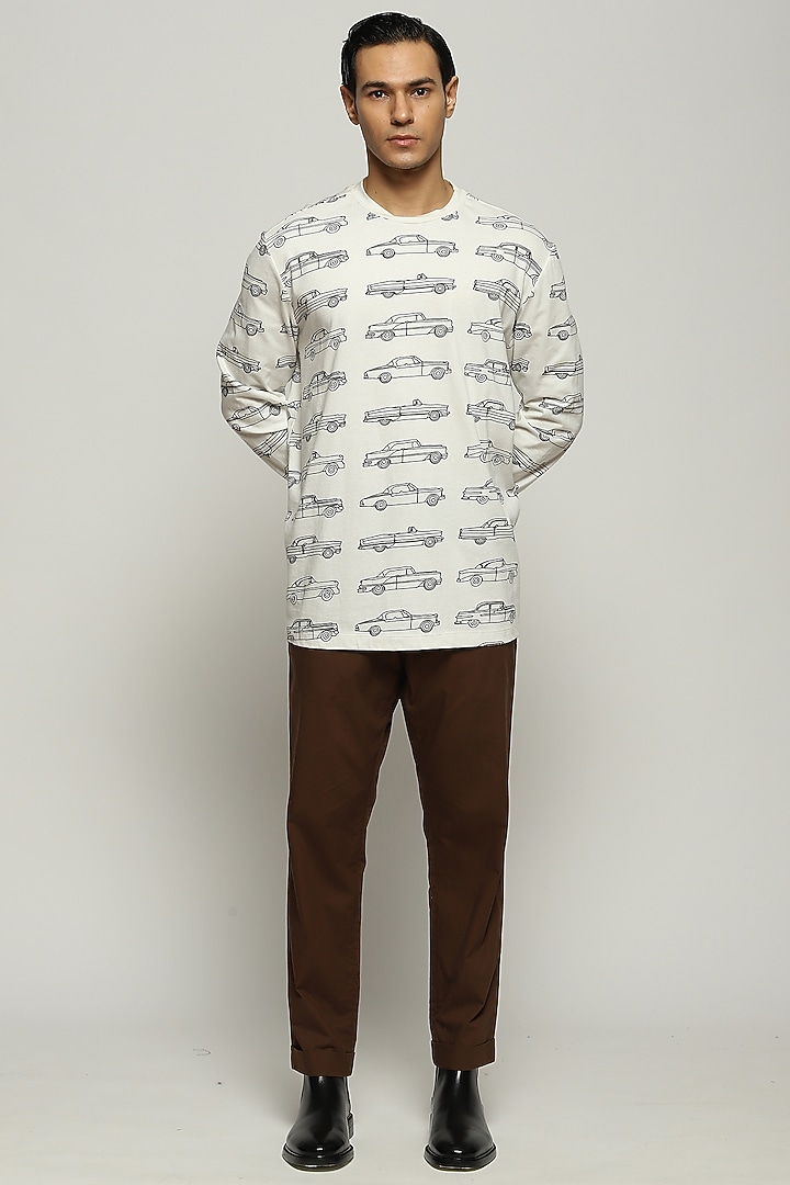 Ivory Rib Knit Cotton Printed T-Shirt by Abraham & Thakore Men at Pernia's Pop Up Shop