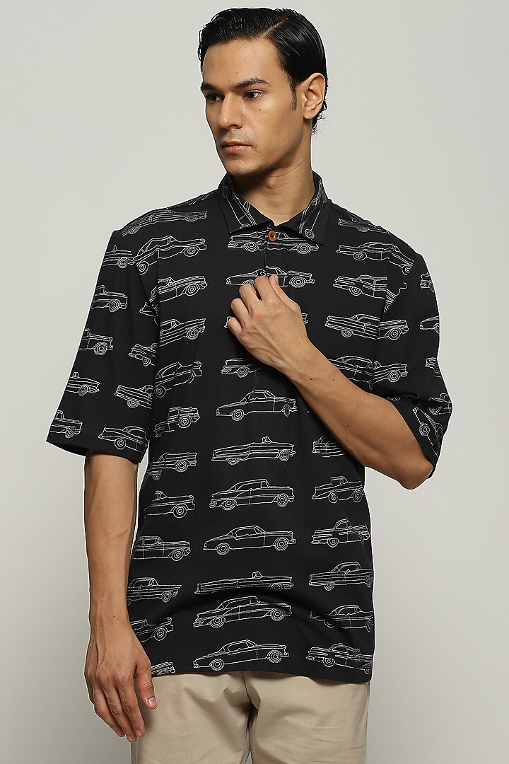 Black Rib Knit Cotton Printed T-Shirt by Abraham & Thakore Men at Pernia's Pop Up Shop