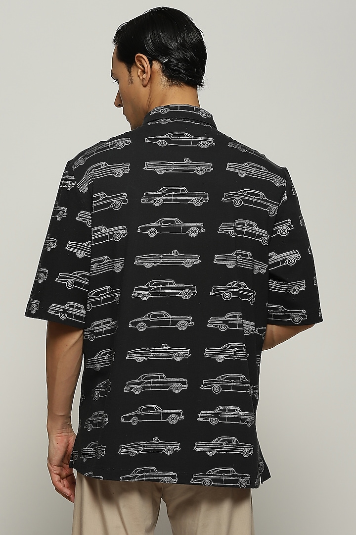 Black Rib Knit Cotton Printed T-Shirt by Abraham & Thakore Men at Pernia's Pop Up Shop
