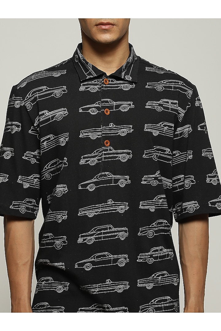 Black Rib Knit Cotton Printed T-Shirt by Abraham & Thakore Men at Pernia's Pop Up Shop