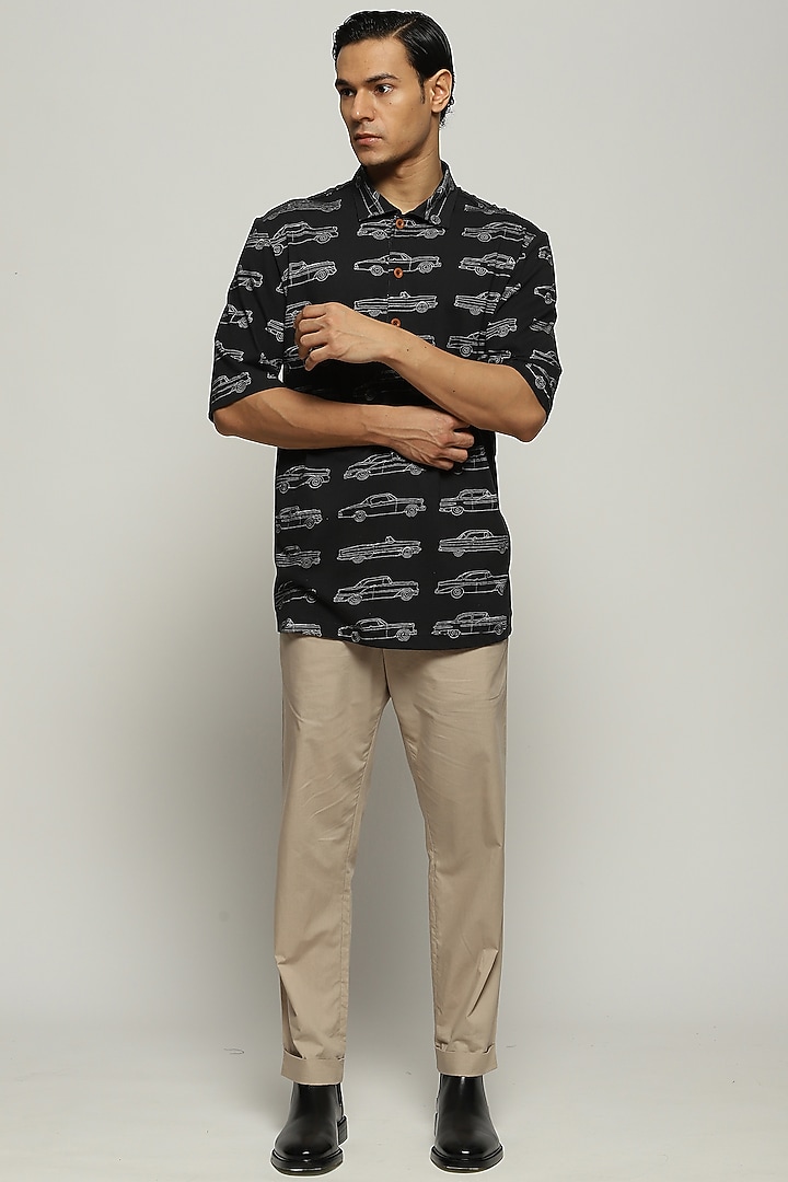 Black Rib Knit Cotton Printed T-Shirt by Abraham & Thakore Men at Pernia's Pop Up Shop