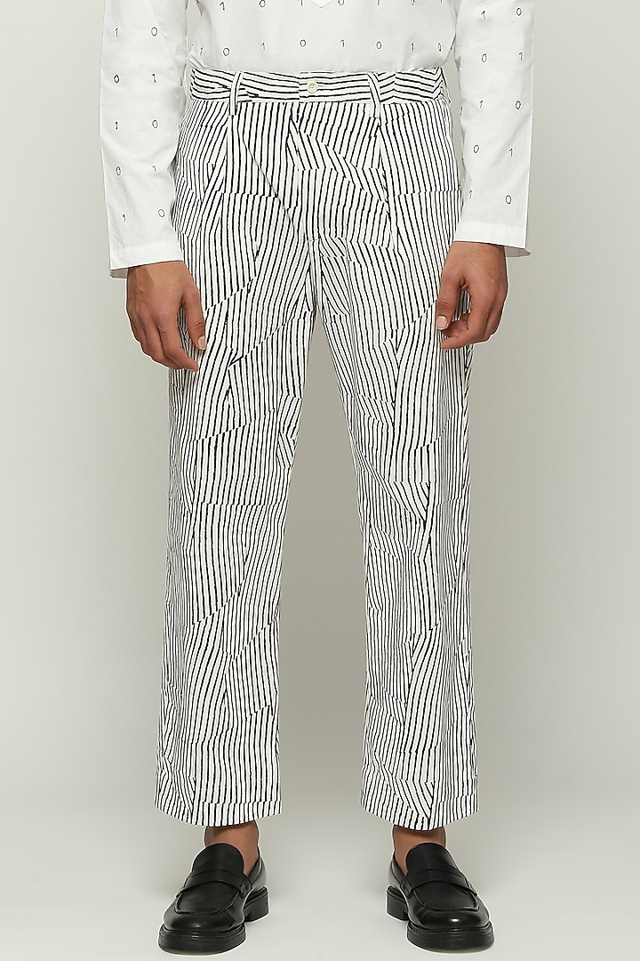 White Cotton Striped Trousers by Abraham & Thakore Men at Pernia's Pop Up Shop