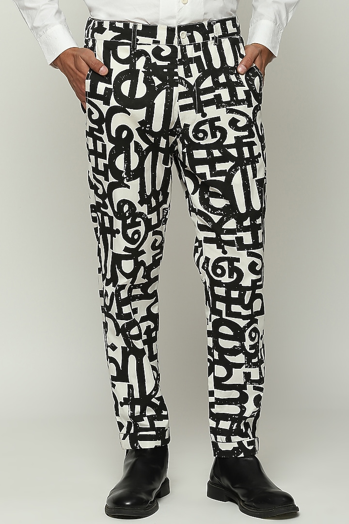 White Cotton Block Printed Trousers by Abraham & Thakore Men at Pernia's Pop Up Shop