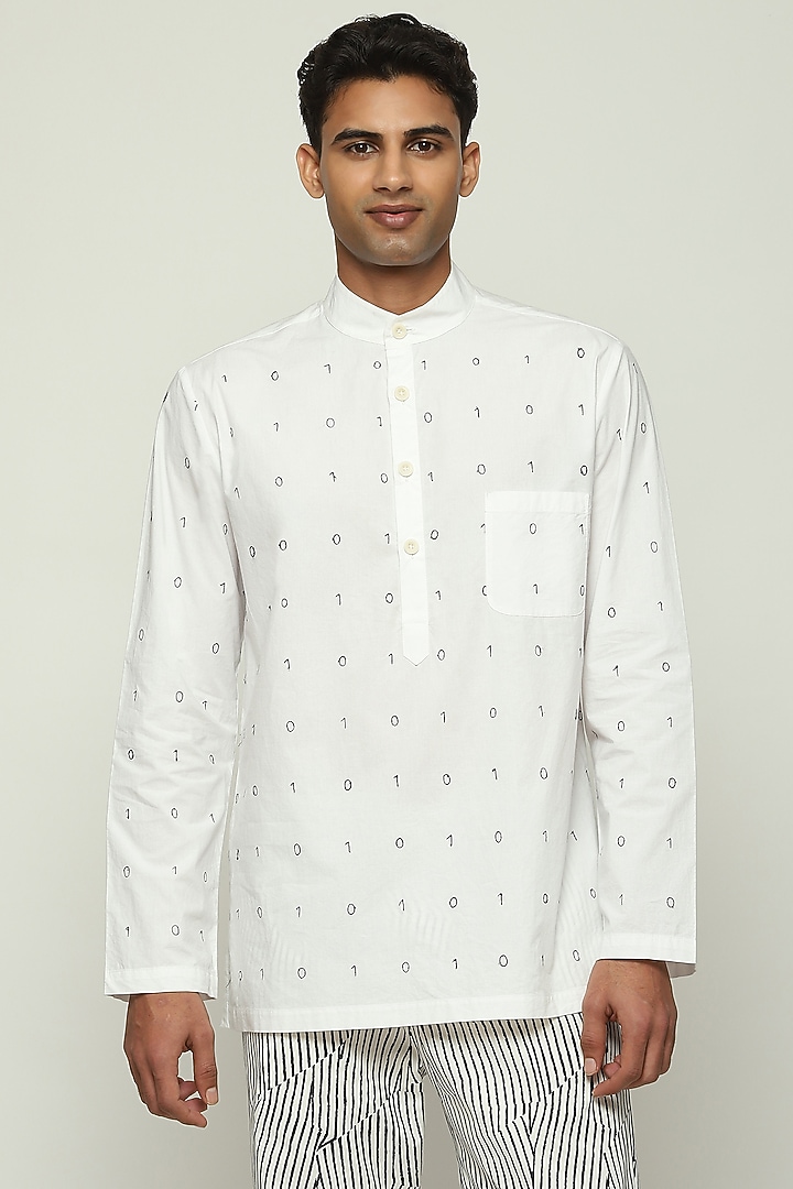 White Cotton Poplin Embroidered Kurta by Abraham & Thakore Men at Pernia's Pop Up Shop