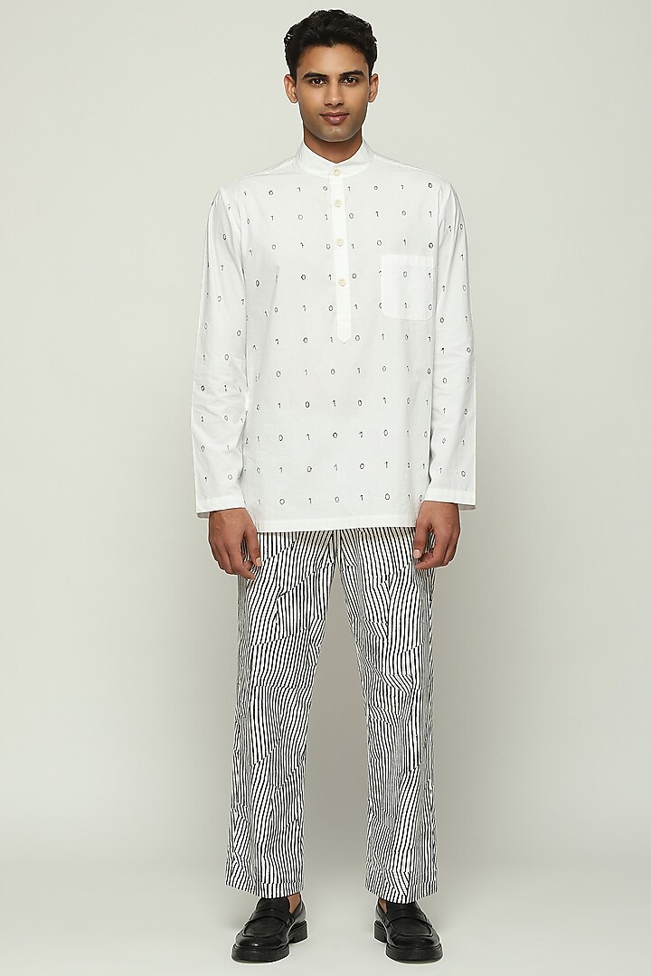 White Cotton Poplin Embroidered Kurta by Abraham & Thakore Men at Pernia's Pop Up Shop