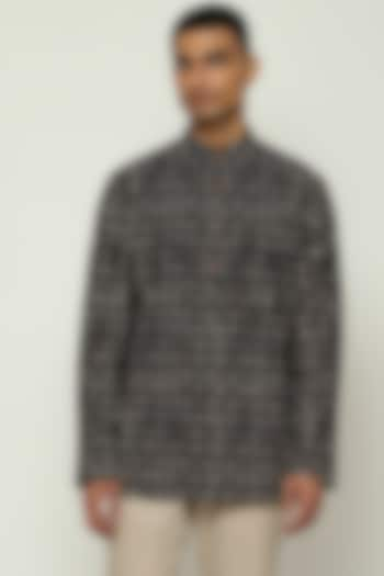 Black Cotton Voile Block Printed Kurta by Abraham & Thakore Men