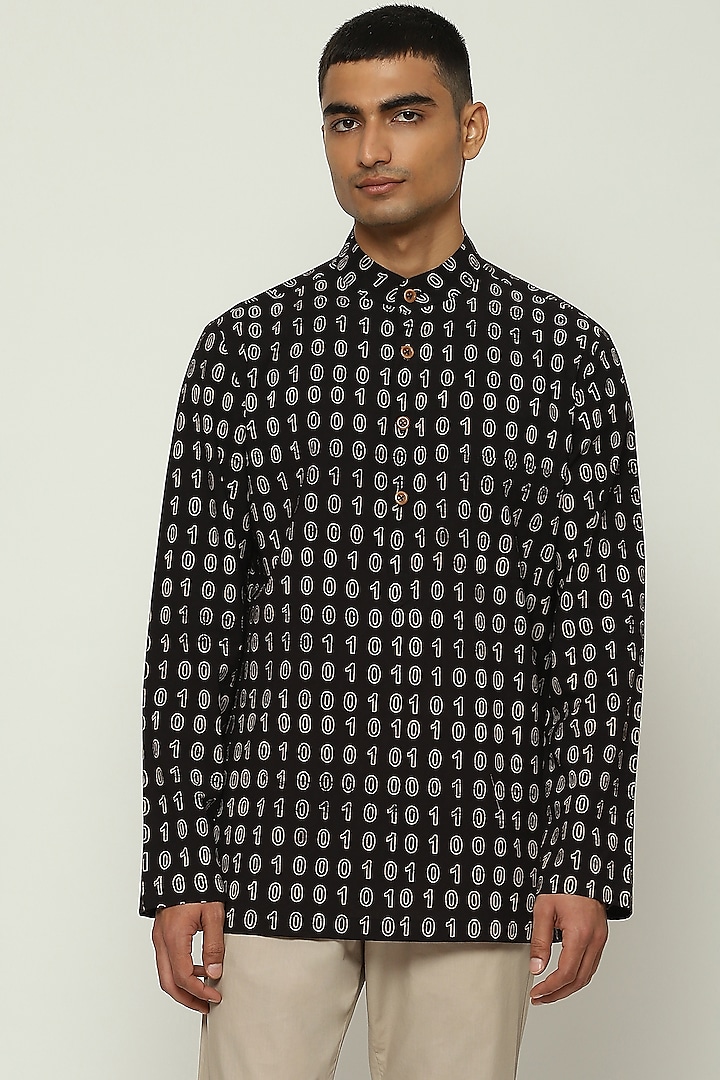 Black Cotton Voile Block Printed Kurta by Abraham & Thakore Men