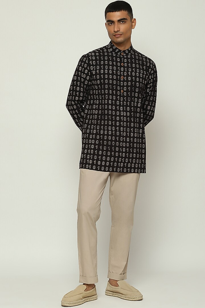 Black Cotton Voile Block Printed Kurta by Abraham & Thakore Men at Pernia's Pop Up Shop