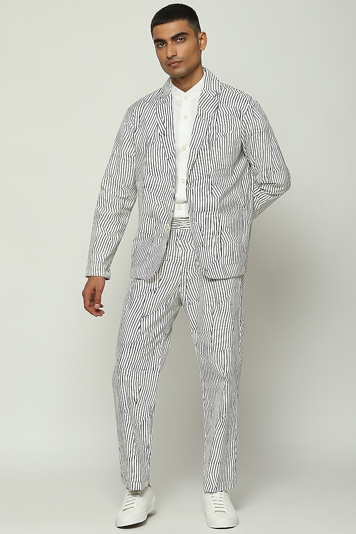 White Cotton Striped Jacket by Abraham & Thakore Men