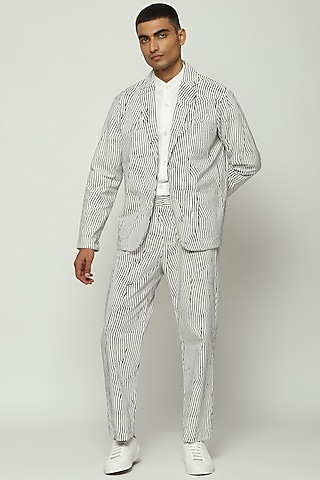 White Cotton Striped Jacket by Abraham & Thakore Men