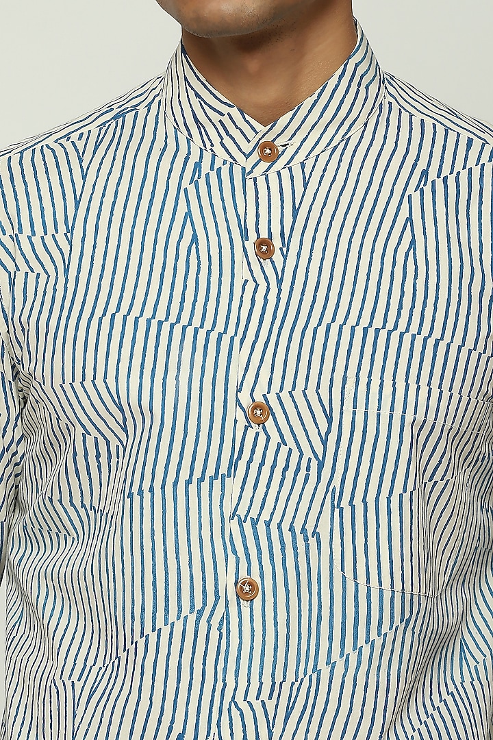 White Cotton Striped Party Wear Shirt by Abraham & Thakore Men at Pernia's Pop Up Shop