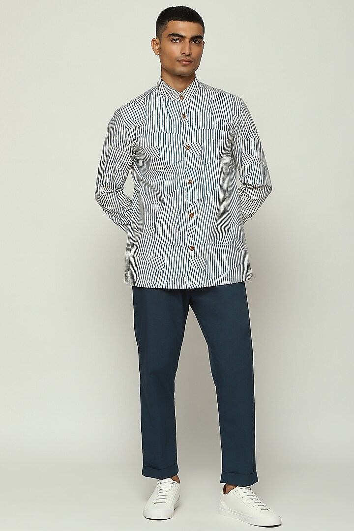 White Cotton Striped Party Wear Shirt by Abraham & Thakore Men at Pernia's Pop Up Shop