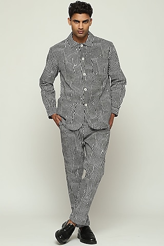 Black Cotton Printed Pants by Abraham & Thakore Men