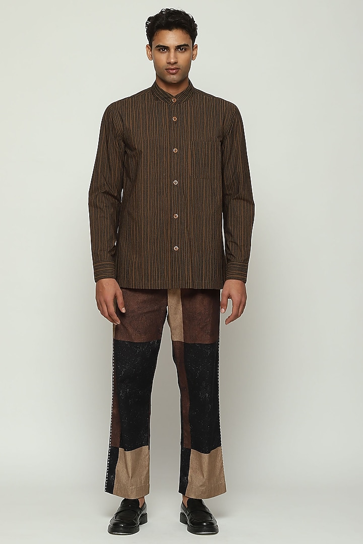 Brown Poplin Printed Party Wear Shirt by Abraham & Thakore Men at Pernia's Pop Up Shop