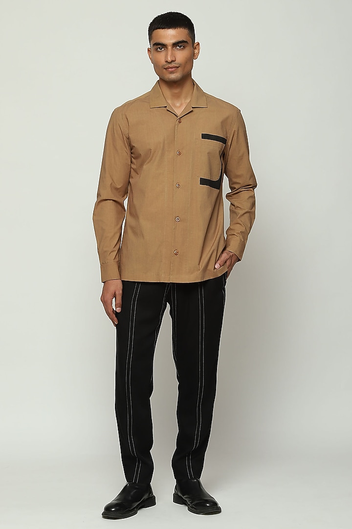 Tan Cotton Block Printed Party Wear Shirt by Abraham & Thakore Men at Pernia's Pop Up Shop
