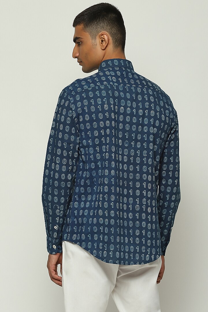 Blue Voile Block Printed Party Wear Shirt by Abraham & Thakore Men at Pernia's Pop Up Shop