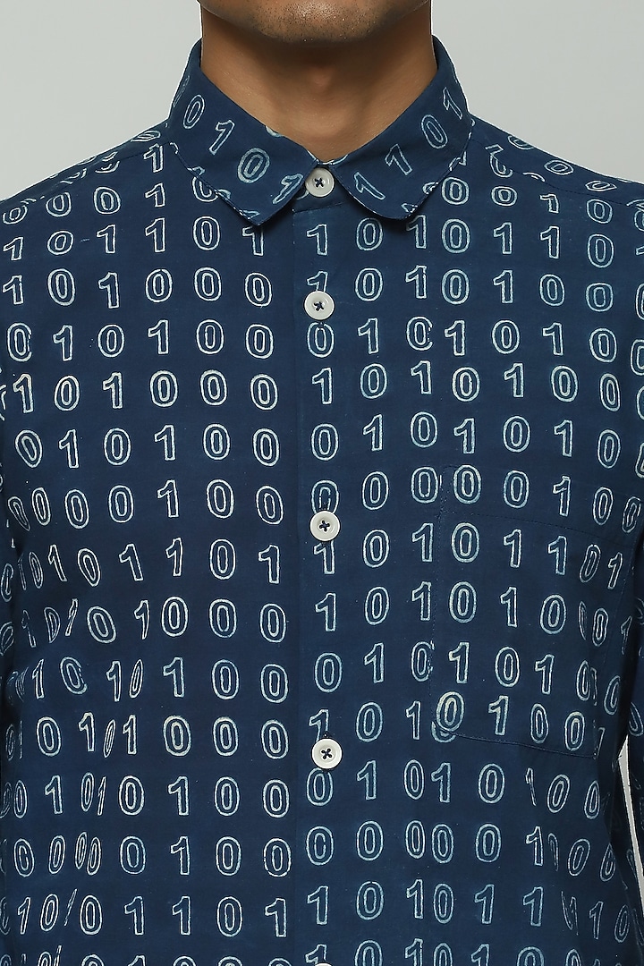 Blue Voile Block Printed Party Wear Shirt by Abraham & Thakore Men at Pernia's Pop Up Shop