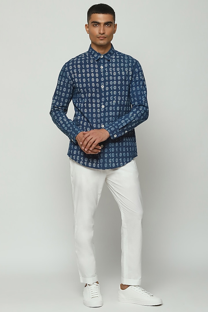 Blue Voile Block Printed Party Wear Shirt by Abraham & Thakore Men at Pernia's Pop Up Shop