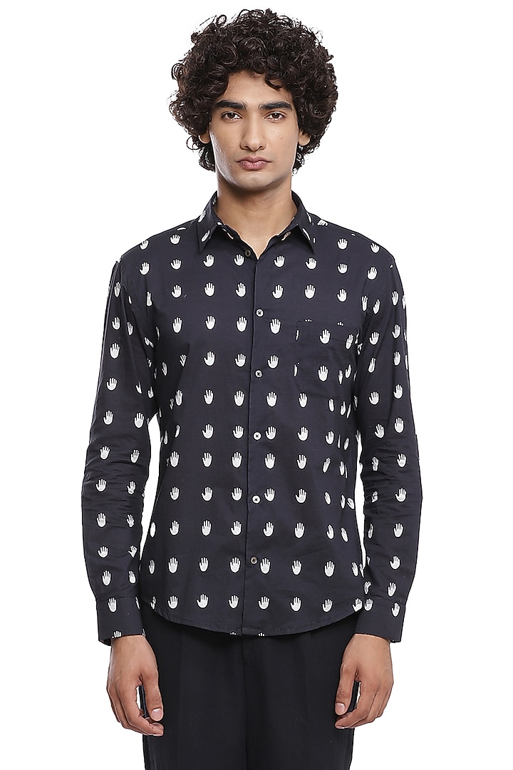 Black Party Wear Shirt With Print by Abraham & Thakore Men at Pernia's Pop Up Shop